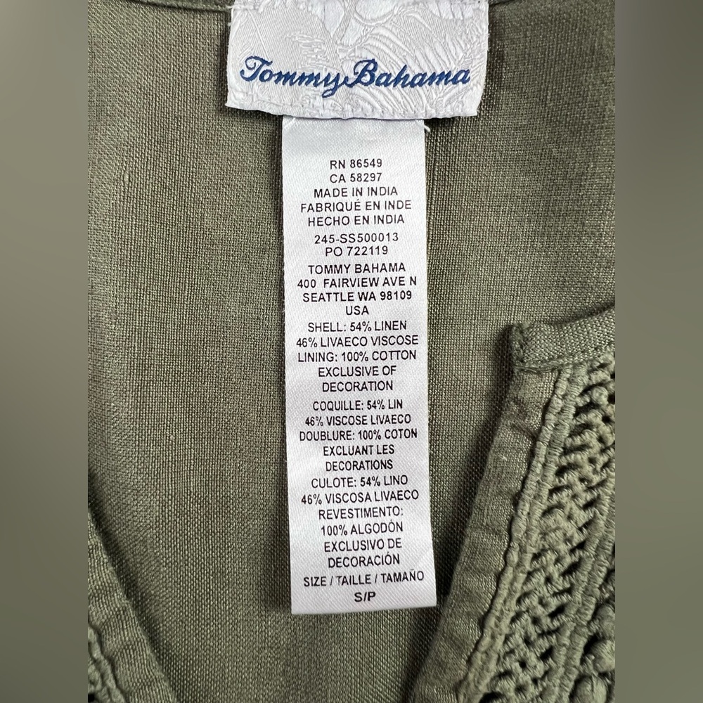 Tommy Bahama Olive Green Linen Viscose Eyelet Boho Peasant Dress - Picture 3 of 14
